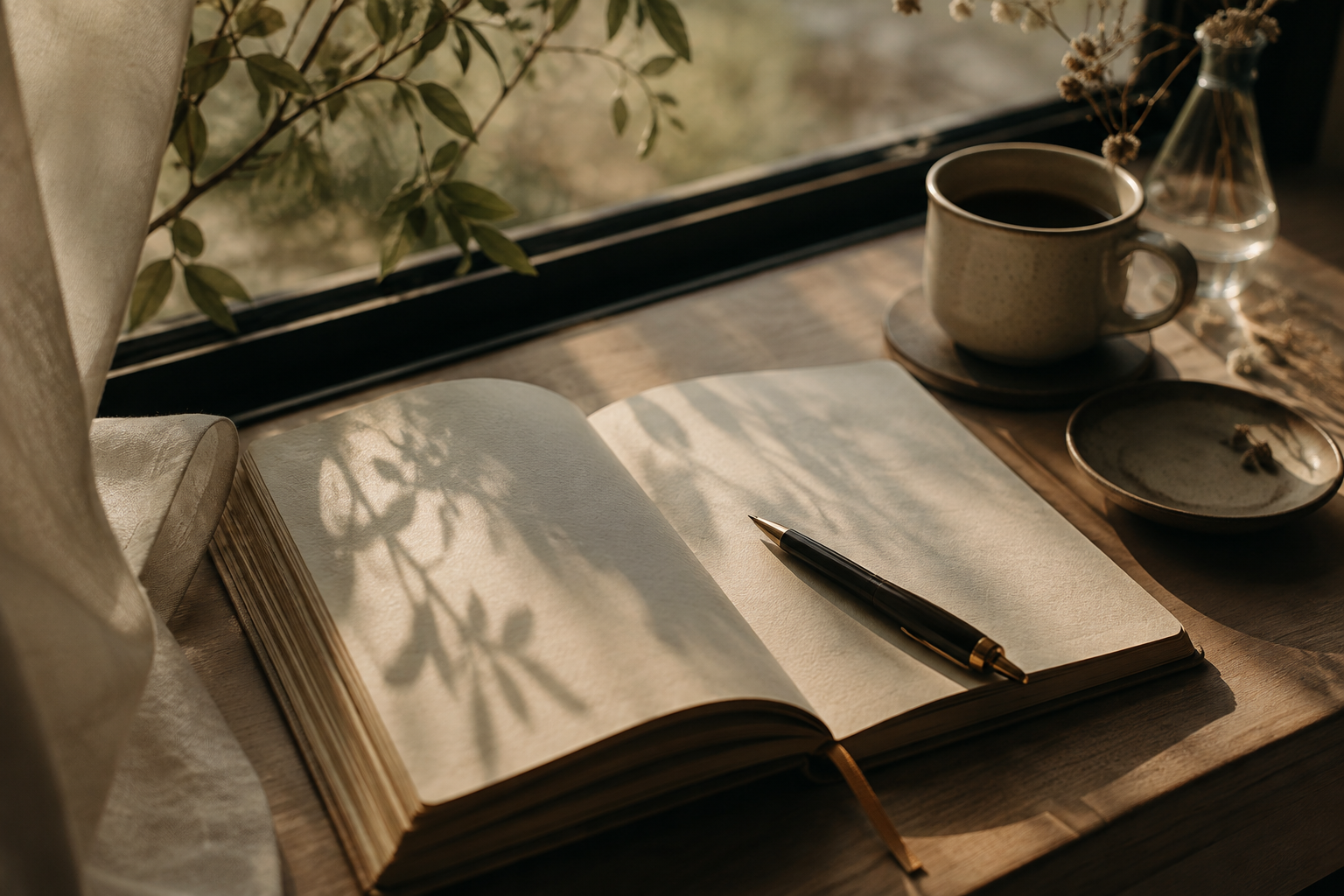 Open journal and pen in soft window light
